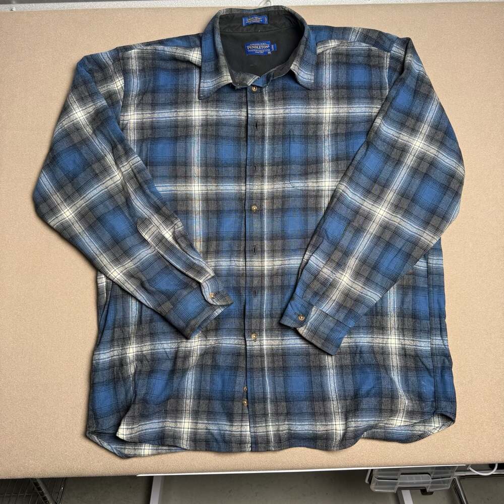Pendleton Lodge Shirt Blue Grey Plaid USA Virgin Wool Button Down Men's XXL Long